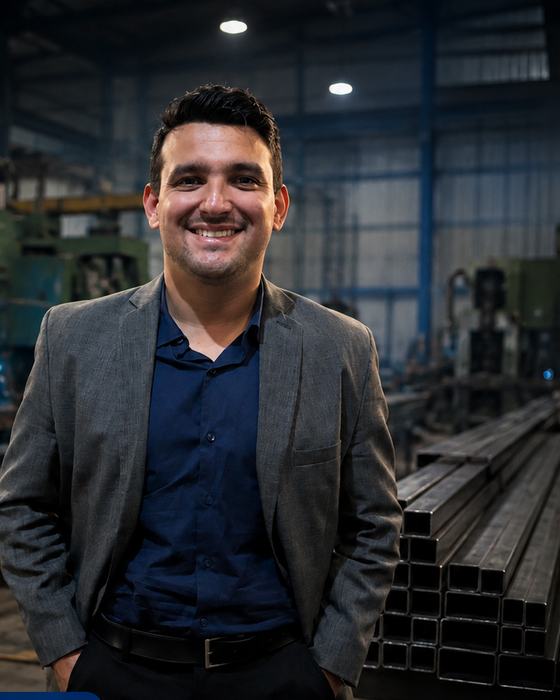 Moisés Danilo, fundador da FerroForte, na fábrica de estruturas metálicas